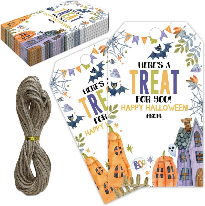 RPLCSPC Halloween Paper Gift Tags with String-50Pcs, Here's A Treat for You Happy Halloween Tags for Goodie Bags, 2 x 3.5 Inch Writable Waterproof Hanging Labels for Decor Party Supplies, Gift Wrapping-B07 - Image 1